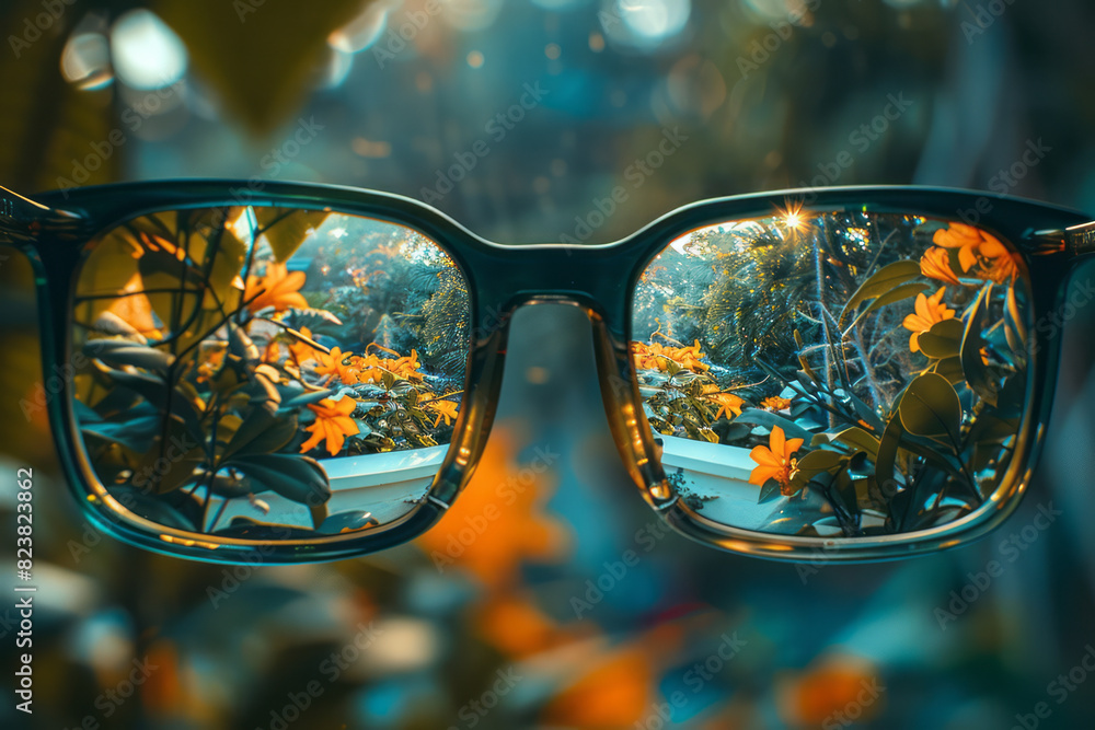 Poster a close-up of eyeglasses reflecting a fractured, multifaceted view of a garden, each lens showing a 