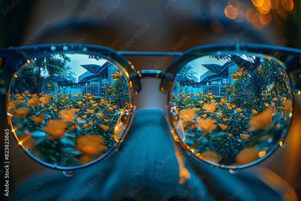 Poster a close-up of eyeglasses reflecting a fractured, multifaceted view of a garden, each lens showing a 
