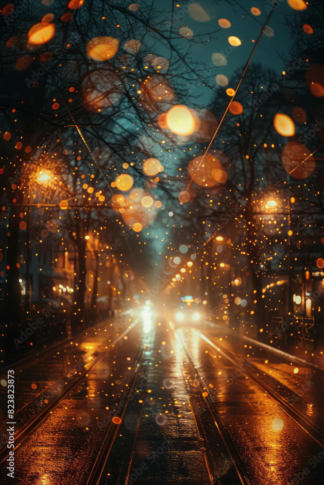 Aufkleber a night scene where a lens captures and distorts streetlights into starburst patterns, creating a dr