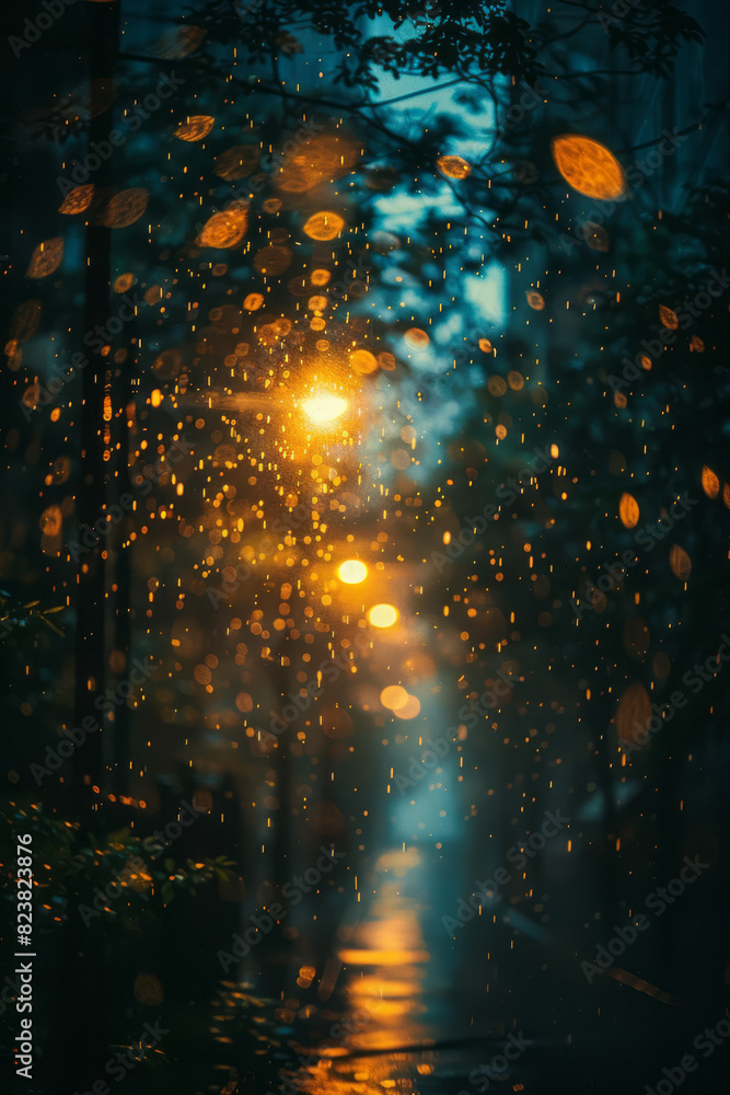 Poster a night scene where a lens captures and distorts streetlights into starburst patterns, creating a dr