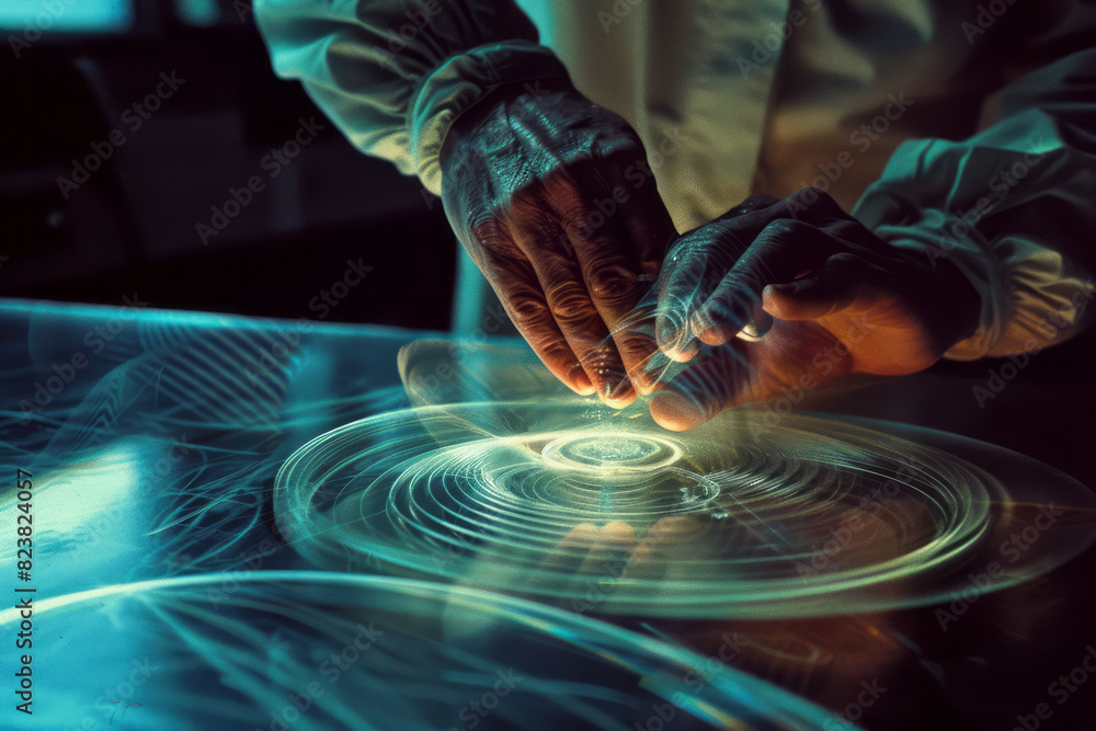 Poster an illustration of a scientist holding a lens that bends and twists light into swirling, abstract sh