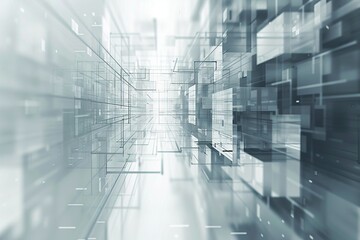 A futuristic digital landscape: Silver blocks with glowing pathways, interweaving through a field of white cubes and light gray compartments.