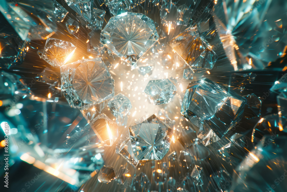Poster A scene of a room filled with mirrors and lenses, each reflecting and refracting light into a maze of intricate patterns,