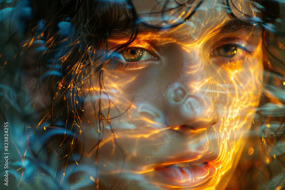 Poster an abstract depiction of a lens creating a distorted, wavy reflection of a personâ€™s face, emphasiz