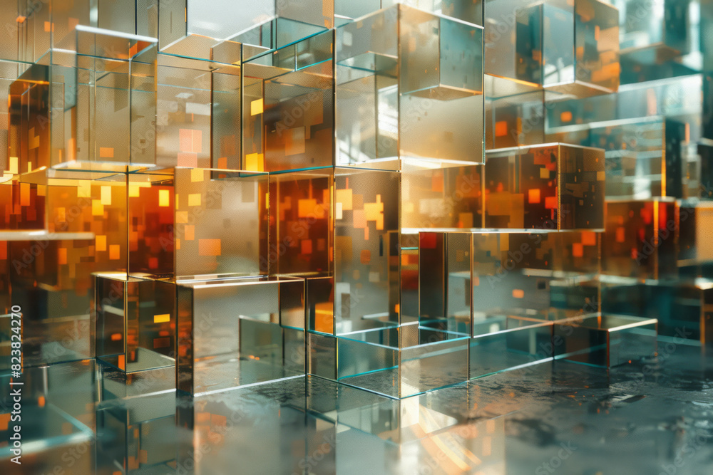 Aufkleber A scene of a room filled with mirrors and lenses, each reflecting and refracting light into a maze of intricate patterns,