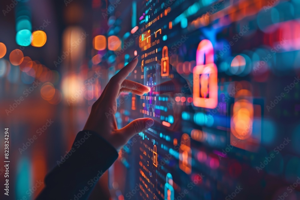 Poster hand placing red padlock on digital interface, symbolizing data protection and cybersecurity measure