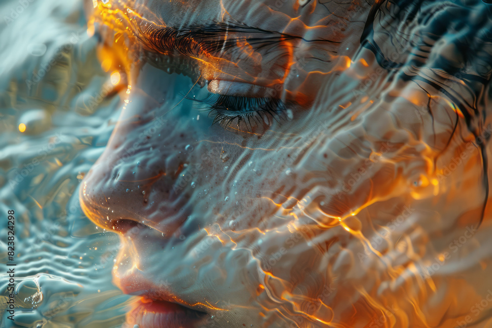 Aufkleber An abstract depiction of a lens creating a distorted, wavy reflection of a personâ€™s face, emphasizing the fluidity of perception,