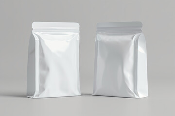 Two blank white empty product paper mockup package bags with ziplock isolated on white background.