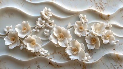 This elegant cream floral sculpture is mounted on a wavy marble wall.