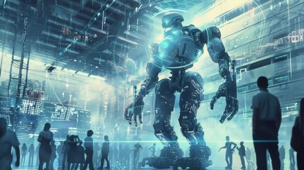 A massive, glowing robot stands in a high-tech urban environment, surrounded by people who seem to be observing it in the evening.