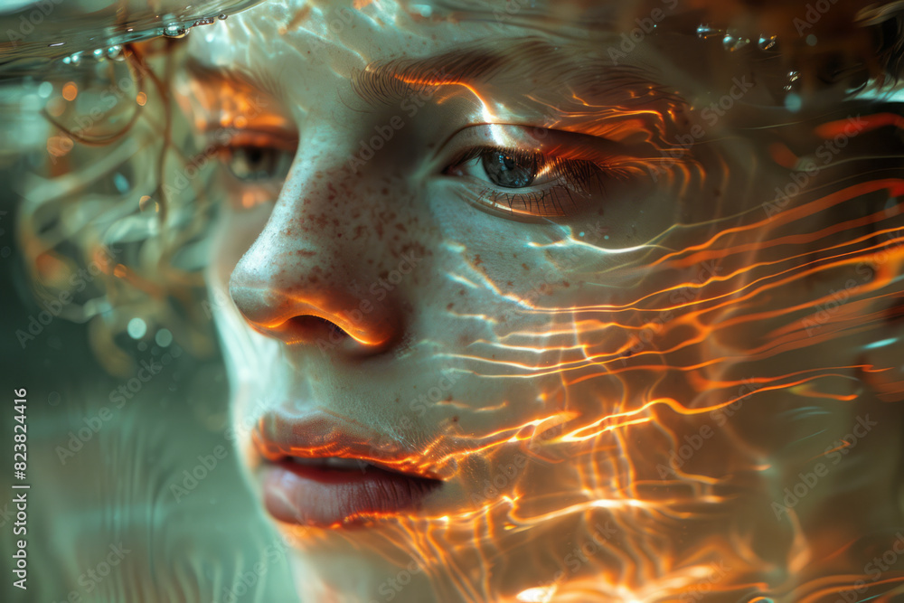 Aufkleber An abstract depiction of a lens creating a distorted, wavy reflection of a personâ€™s face, emphasizing the fluidity of perception,
