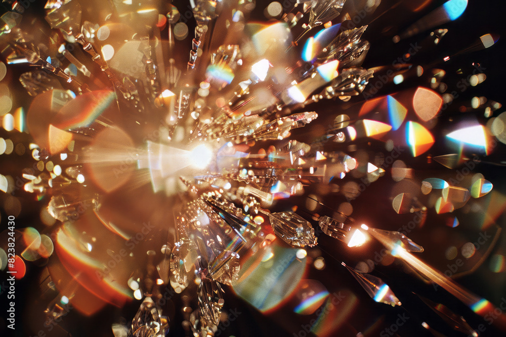 Aufkleber An image of a crystal chandelier lens scattering light into a dazzling array of sparkles and reflections,