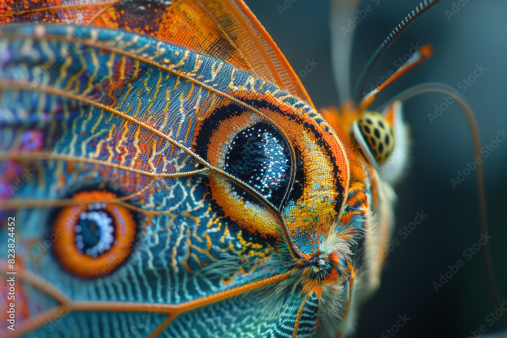 Poster An artistic rendering of a macro lens magnifying the intricate patterns of a butterflyâ€™s wing, showing vibrant details,