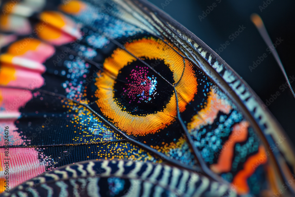 Poster An artistic rendering of a macro lens magnifying the intricate patterns of a butterflyâ€™s wing, showing vibrant details,
