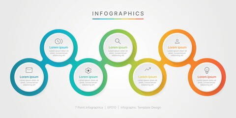 Business minimal infographic template. 7 step timeline with options and marketing icons. Vector linear infographic with seven circle connected elements. Design can be use for presentation