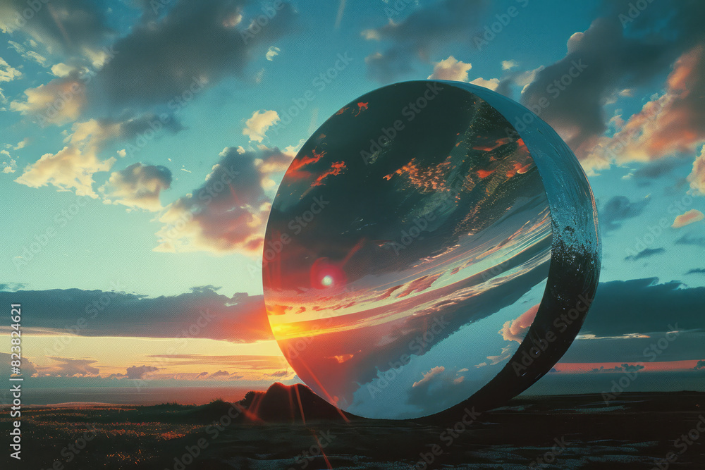 Poster a surreal scene of a large lens floating in the air, bending the light of a sunset into a fantastica