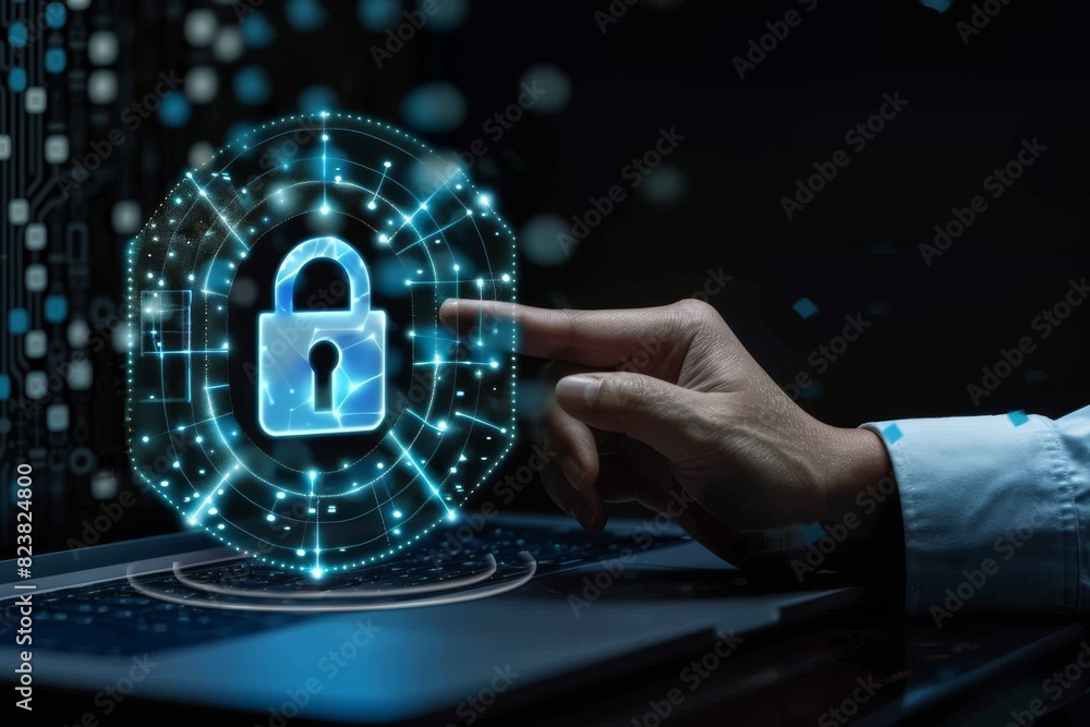 Poster hand pointing at digital padlock interface, symbolizing data protection and cybersecurity measures.
