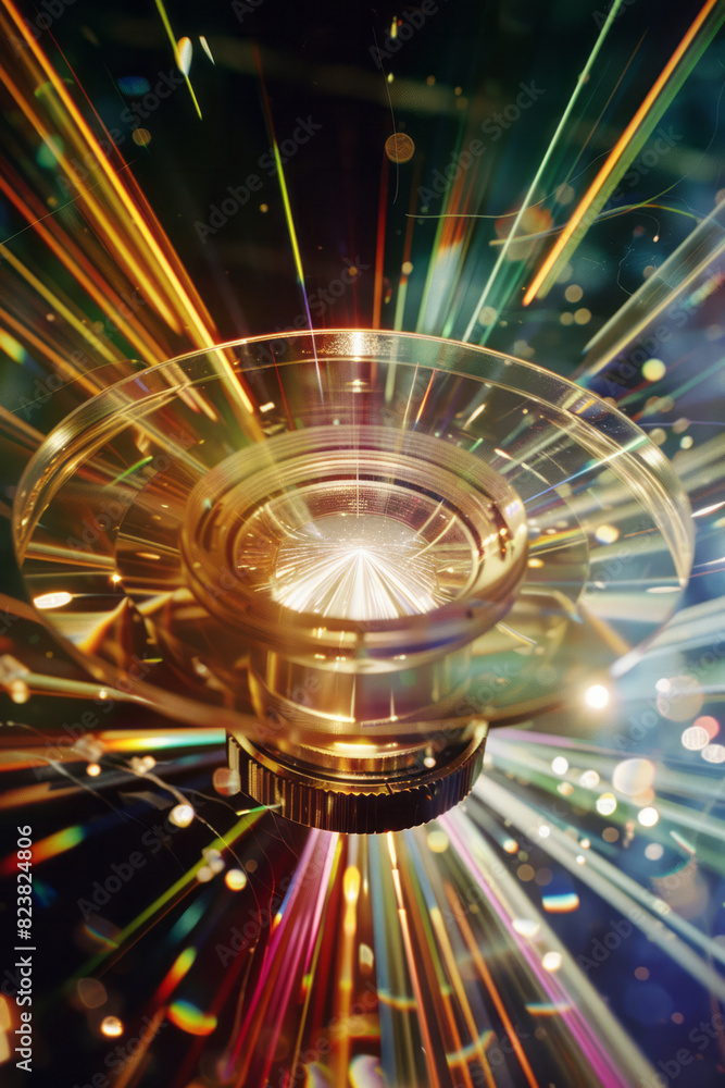 Poster a deconstructed camera lens with each glass element and aperture blade suspended in mid-air, surroun