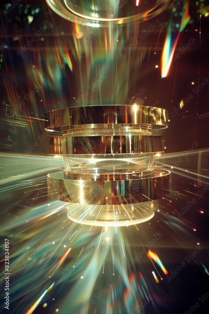 Aufkleber A deconstructed camera lens with each glass element and aperture blade suspended in mid-air, surrounded by light rays,