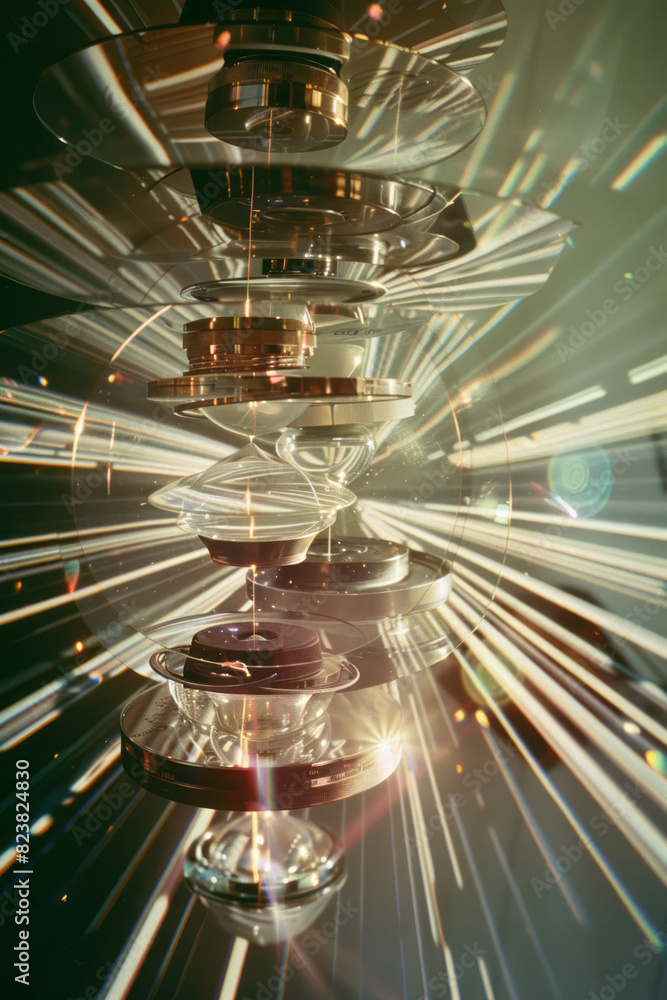 Poster a deconstructed camera lens with each glass element and aperture blade suspended in mid-air, surroun