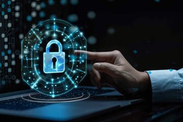 Hand pointing at digital padlock interface, symbolizing data protection and cybersecurity measures.