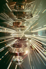 A deconstructed camera lens with each glass element and aperture blade suspended in mid-air, surrounded by light rays,