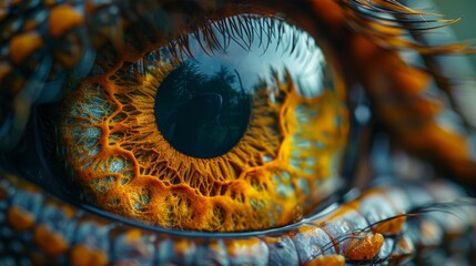 In detail, a vibrant reptilian eye is shown in an extreme close-up.