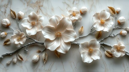 Floral wall sculpture in cream with marble texture.