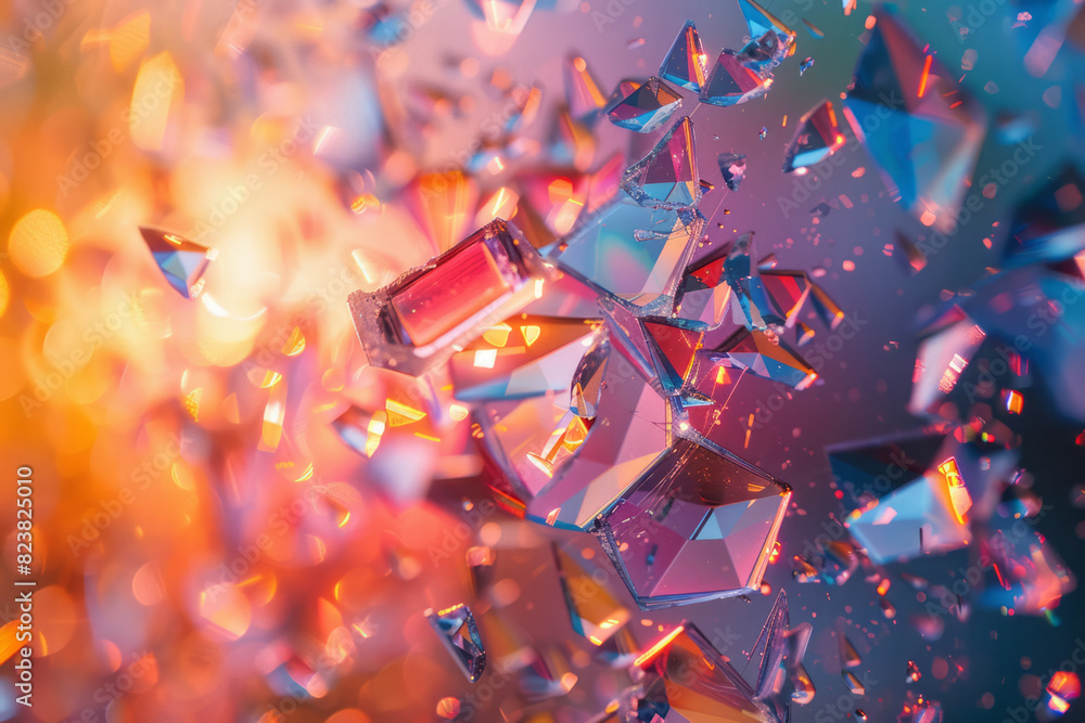 Poster artistic rendering of a prism lens shattered into individual facets, each piece dispersing light int