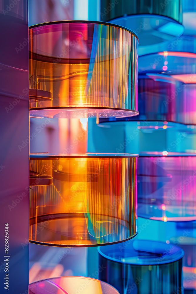 Poster Illustration of an eyeglass lens with its multiple coatings and layers floating apart, each layer reflecting different colors,