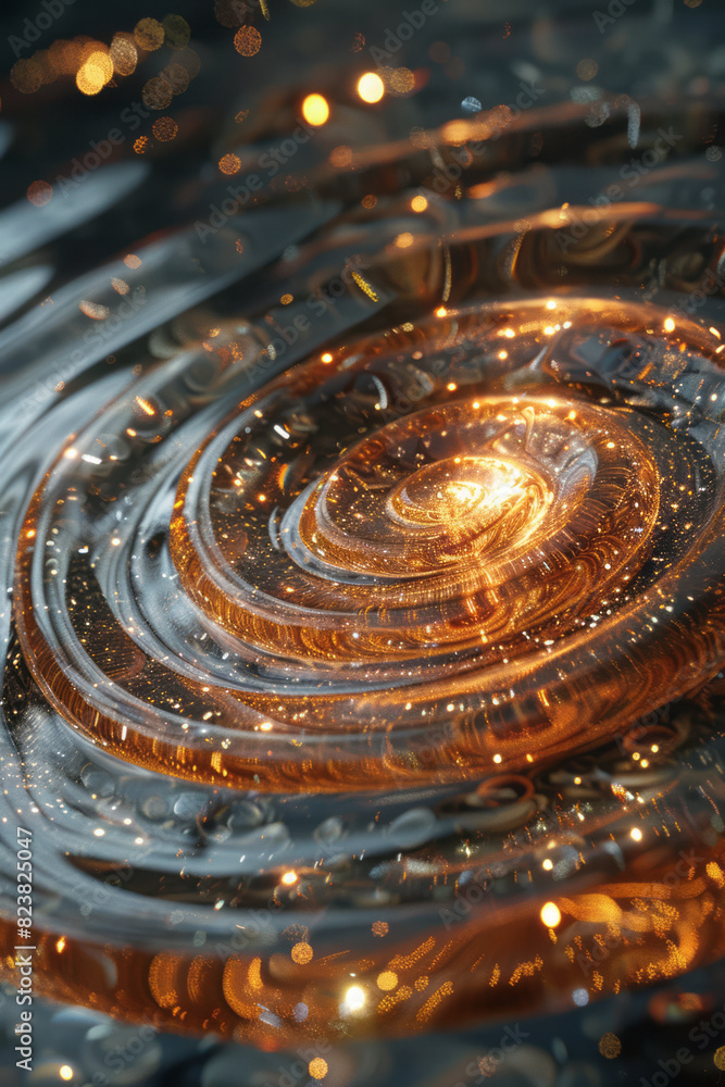 Poster A scene where the elements of a telescope lens are separated and arranged in a spiral pattern, each piece reflecting starlight,
