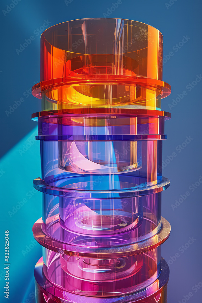 Poster illustration of an eyeglass lens with its multiple coatings and layers floating apart, each layer re