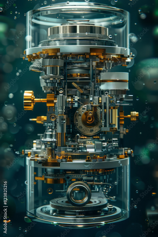 Poster A depiction of a complex zoom lens, with its intricate array of moving glass elements and mechanical parts separated and floating,