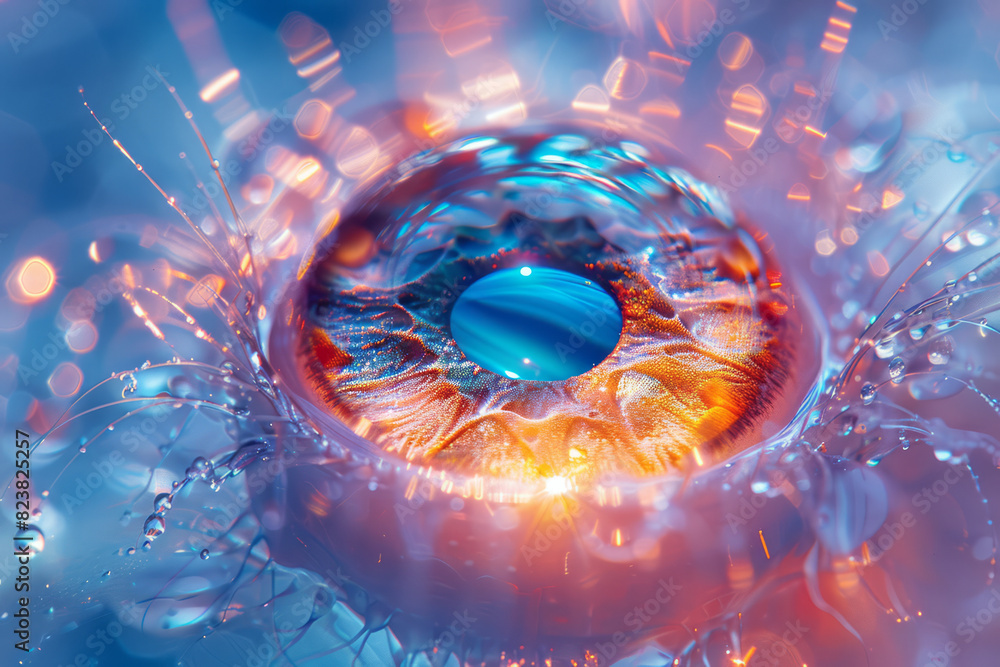 Poster an abstract image of a contact lens deconstructed into layers of polymers, floating amidst delicate 