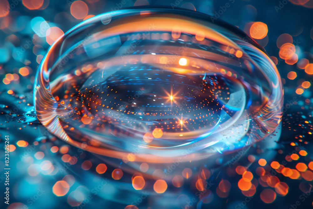 Poster An abstract image of a contact lens deconstructed into layers of polymers, floating amidst delicate light patterns,