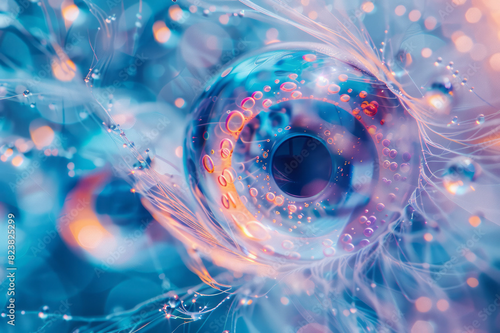 Poster An abstract image of a contact lens deconstructed into layers of polymers, floating amidst delicate light patterns,