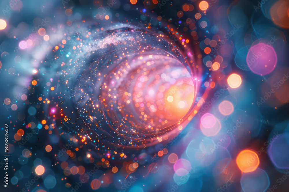 Poster An abstract depiction of a polarizing filter, with its aligned particles and glass layers separated and interacting with polarized light,