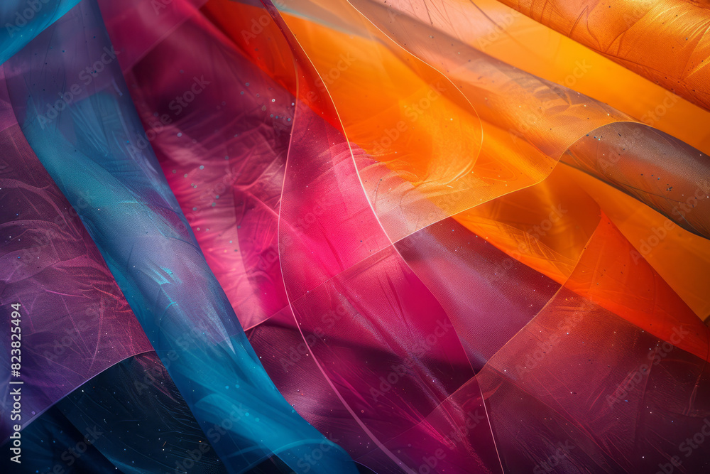 Poster An abstract depiction of a polarizing filter, with its aligned particles and glass layers separated and interacting with polarized light,