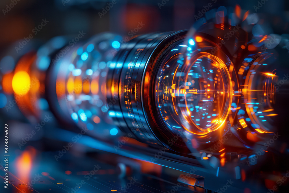 Poster illustration of a lens used in a laser, with its precise glass elements and coatings floating and be