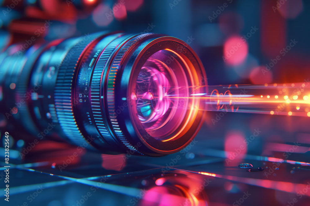 Poster illustration of a lens used in a laser, with its precise glass elements and coatings floating and be