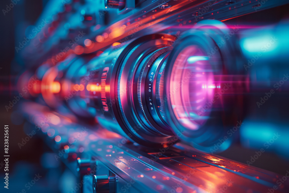 Poster illustration of a lens used in a laser, with its precise glass elements and coatings floating and be