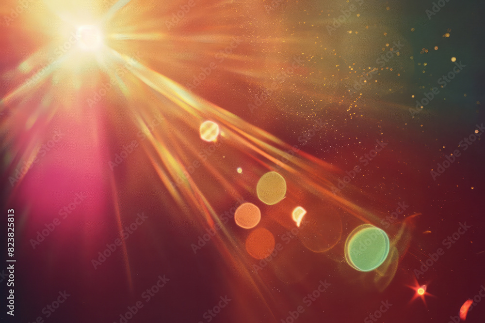 Poster An abstract depiction of a lens flare, with the contributing lens elements floating apart and creating prismatic light effects,