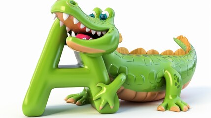 Fototapeta premium A green crocodile is holding the letter A in its mouth