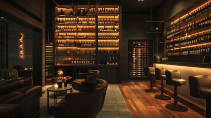 Elegant and cozy wine bar with dim lighting, showcasing a wide selection of wines on backlit shelves and comfortable seating.