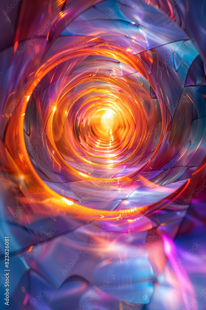 Aufkleber A lens emitting a burst of rainbow light, with each color forming a swirling vortex of abstract patterns,