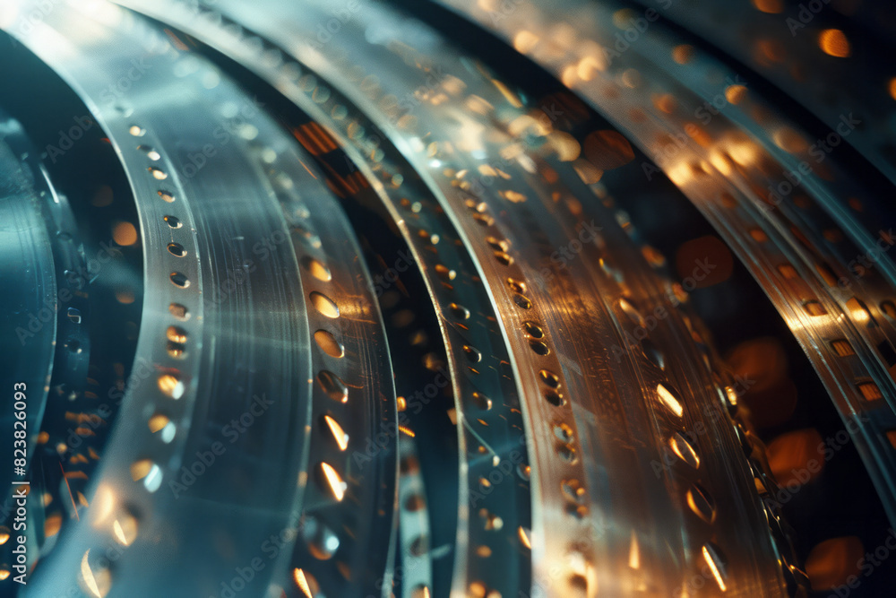 Poster a close-up of a cinema lens, with its multiple glass elements and aperture blades separated and cast
