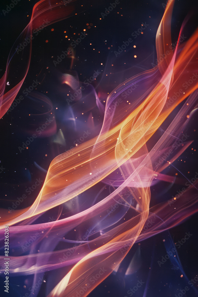 Poster A lens floating in space, releasing streams of color that form abstract, flowing ribbons around it,