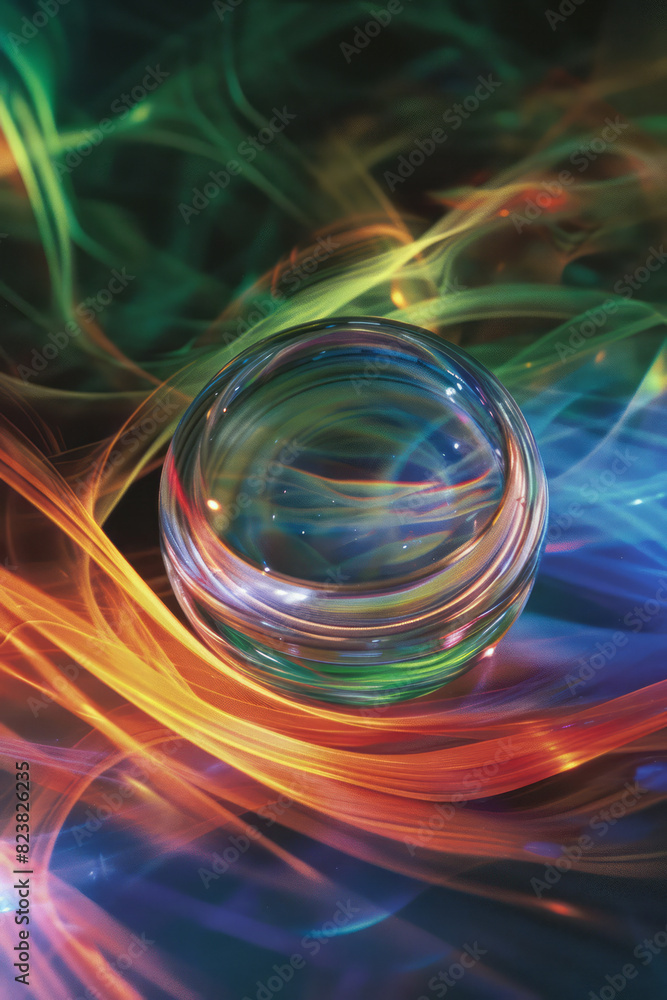 Poster a lens floating in space, releasing streams of color that form abstract, flowing ribbons around it,