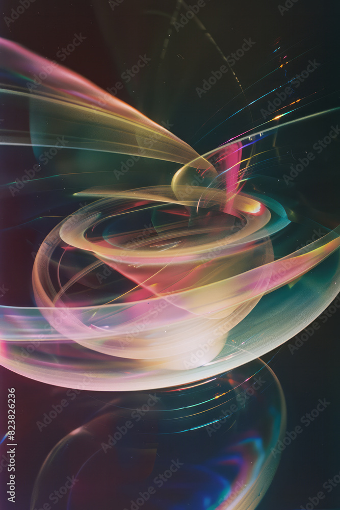 Aufkleber a lens floating in space, releasing streams of color that form abstract, flowing ribbons around it,