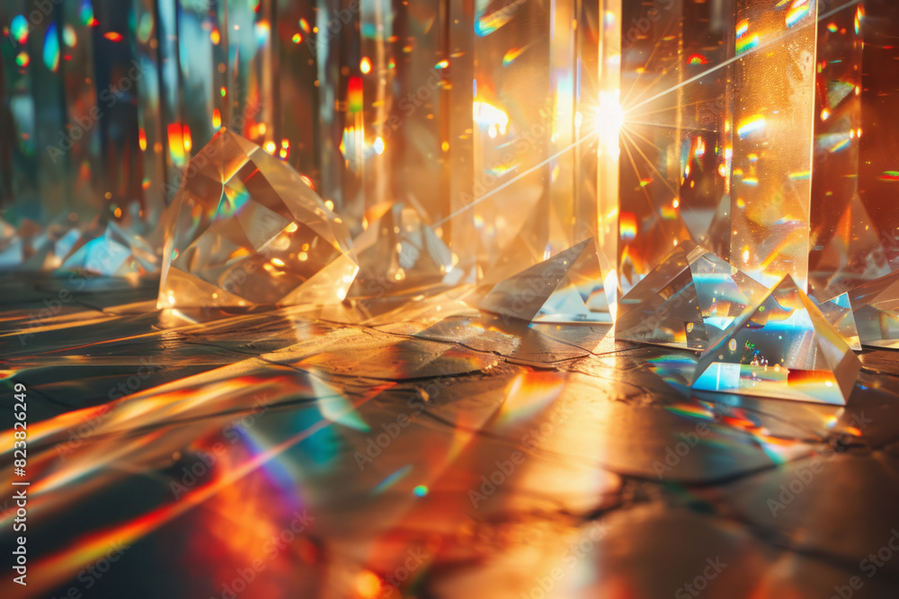 Poster scene of a lens acting as a prism, splitting light into geometric shapes that dance across the canva